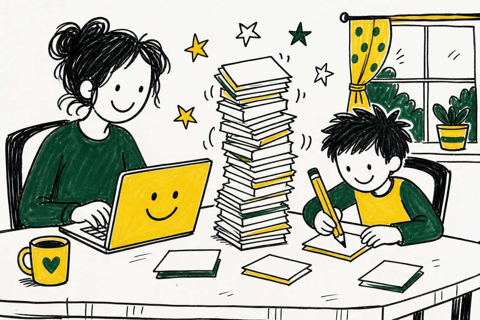 Drawing of a parent writing prompts at a table for learning at home