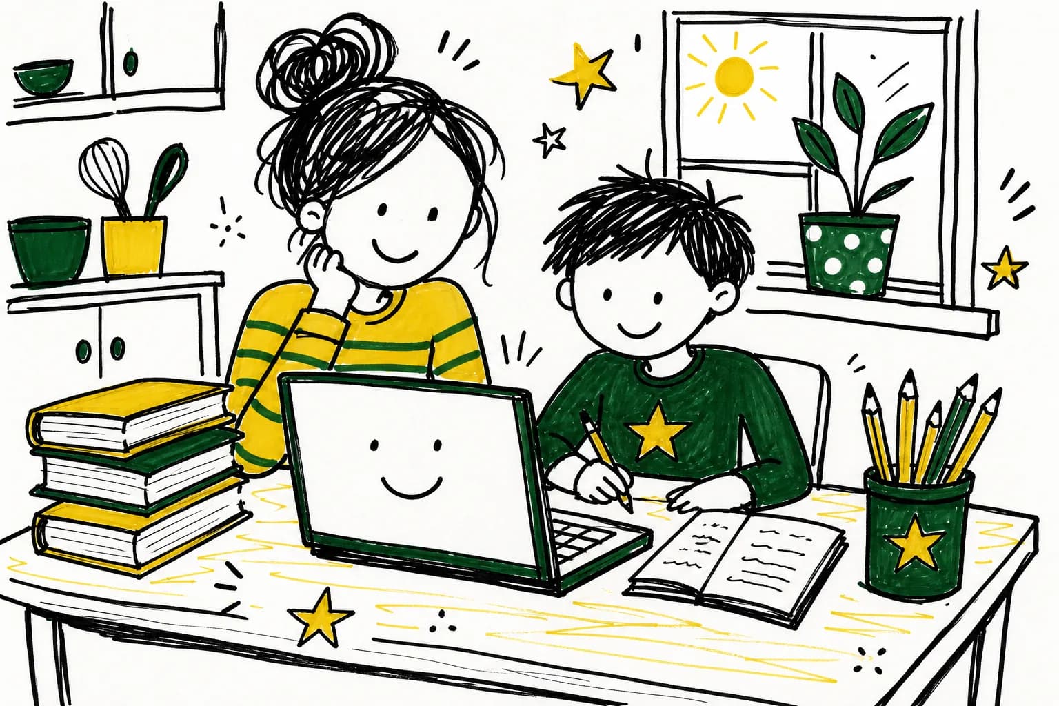 Drawing of a parent and child working at a kitchen table with a laptop