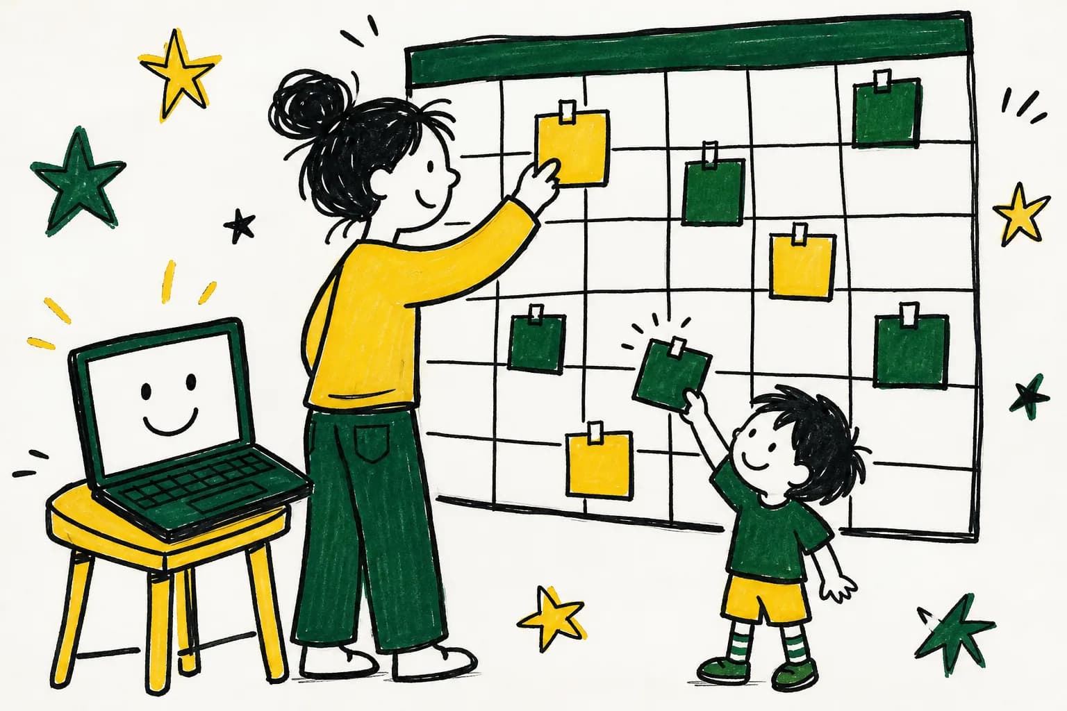 Drawing of a parent and child planning on a wall calendar beside a laptop