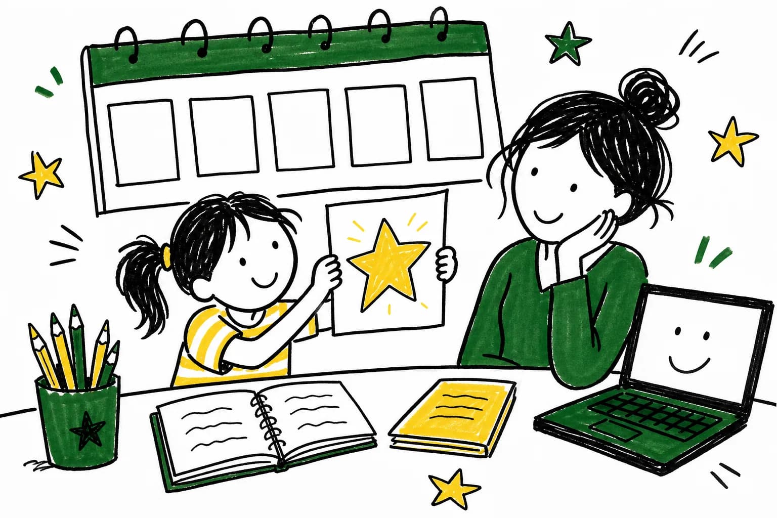 Drawing of a family starting a first week of learning at home with a laptop