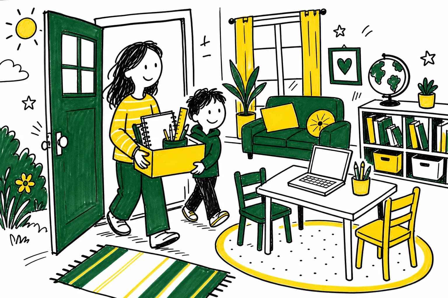 Drawing of a parent and child carrying supplies into a learning corner at home